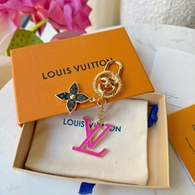 Louis Vuitton LV black tricolor old flower pink letter keychain-3761  
